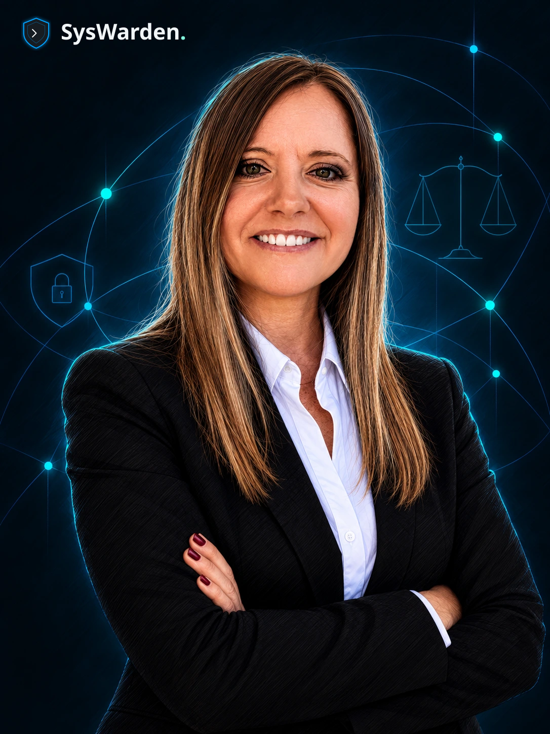 Illustrated portrait of Aurélie Laffargue in a black blazer, with cyan privacy and legal linework.