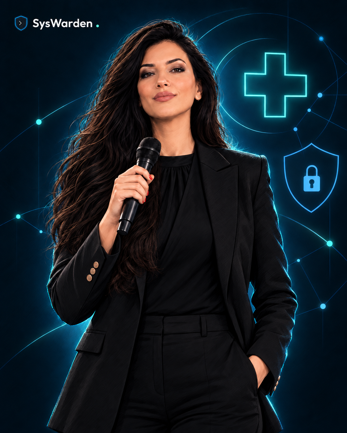 Drawn portrait of Bénédicte Steinhard holding a microphone, with healthcare and security linework in the background.