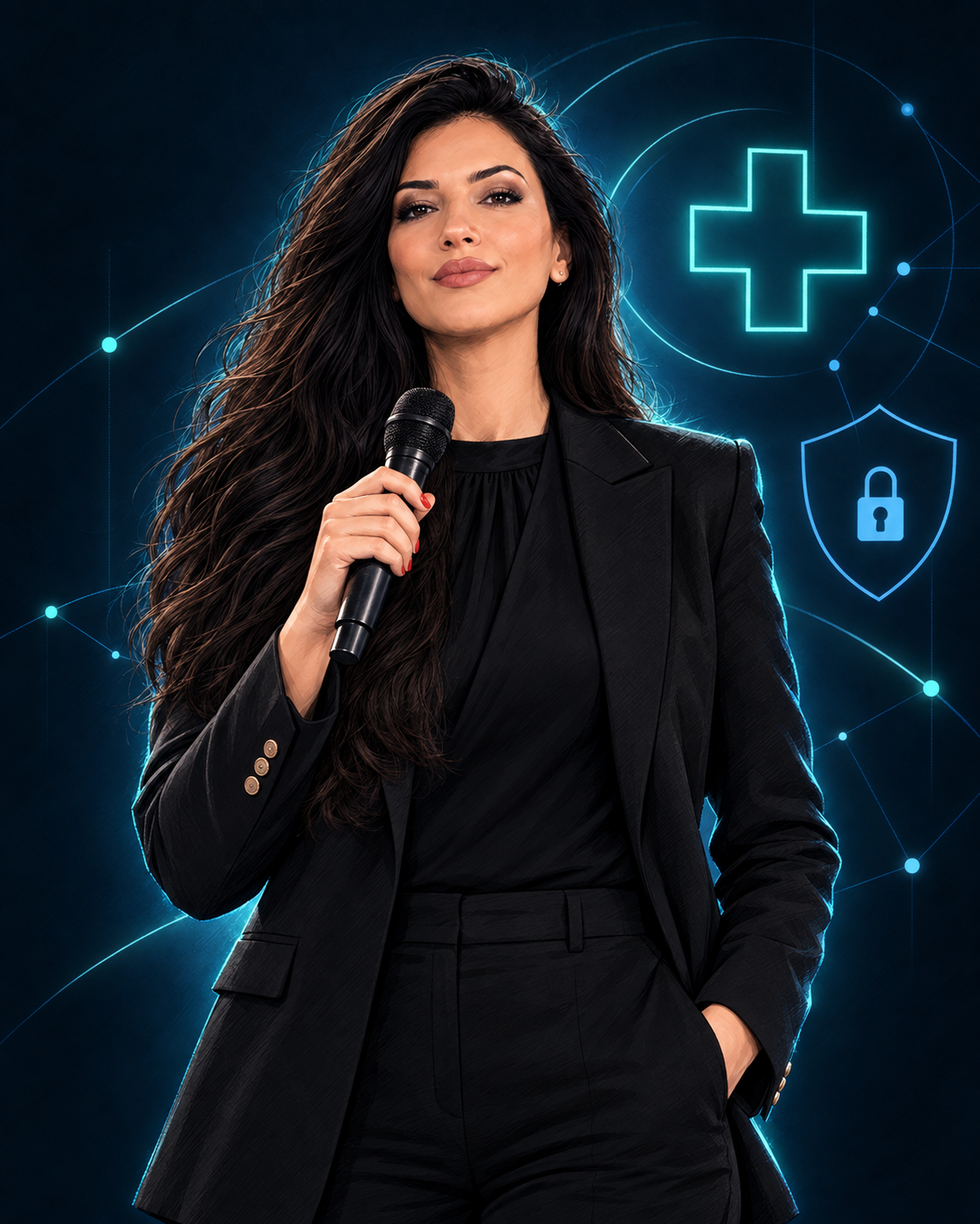 Drawn portrait of Bénédicte Steinhard holding a microphone, with healthcare and security linework in the background.