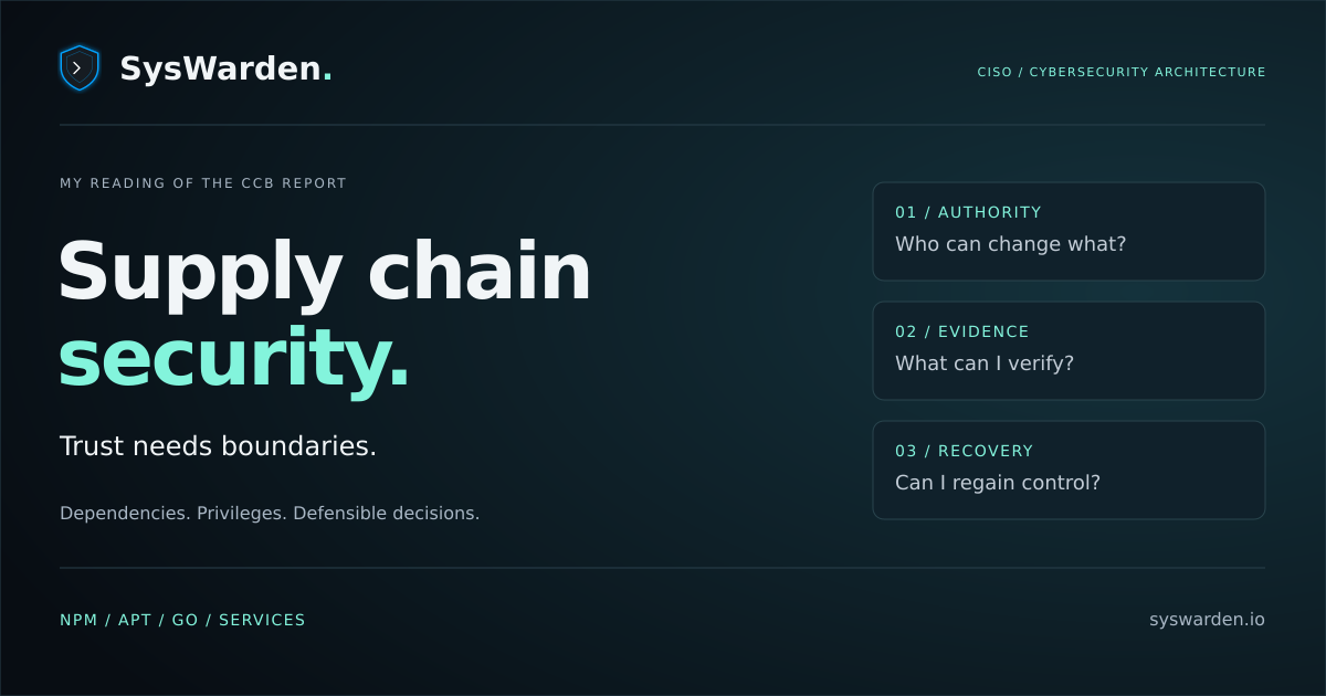 SysWarden supply chain security: authority, evidence and recovery, from a CISO and cybersecurity architect perspective.