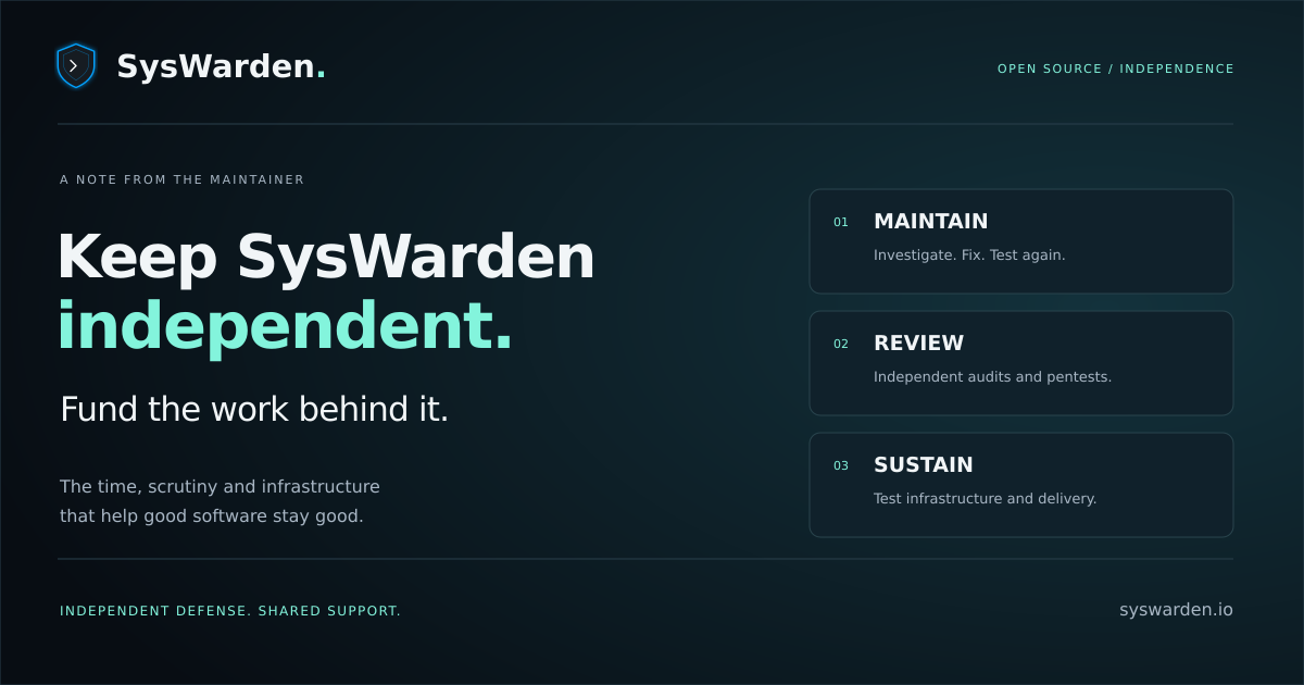 Keep SysWarden independent. Fund the work behind it. Maintenance, security reviews and test infrastructure, with the original SysWarden shield.