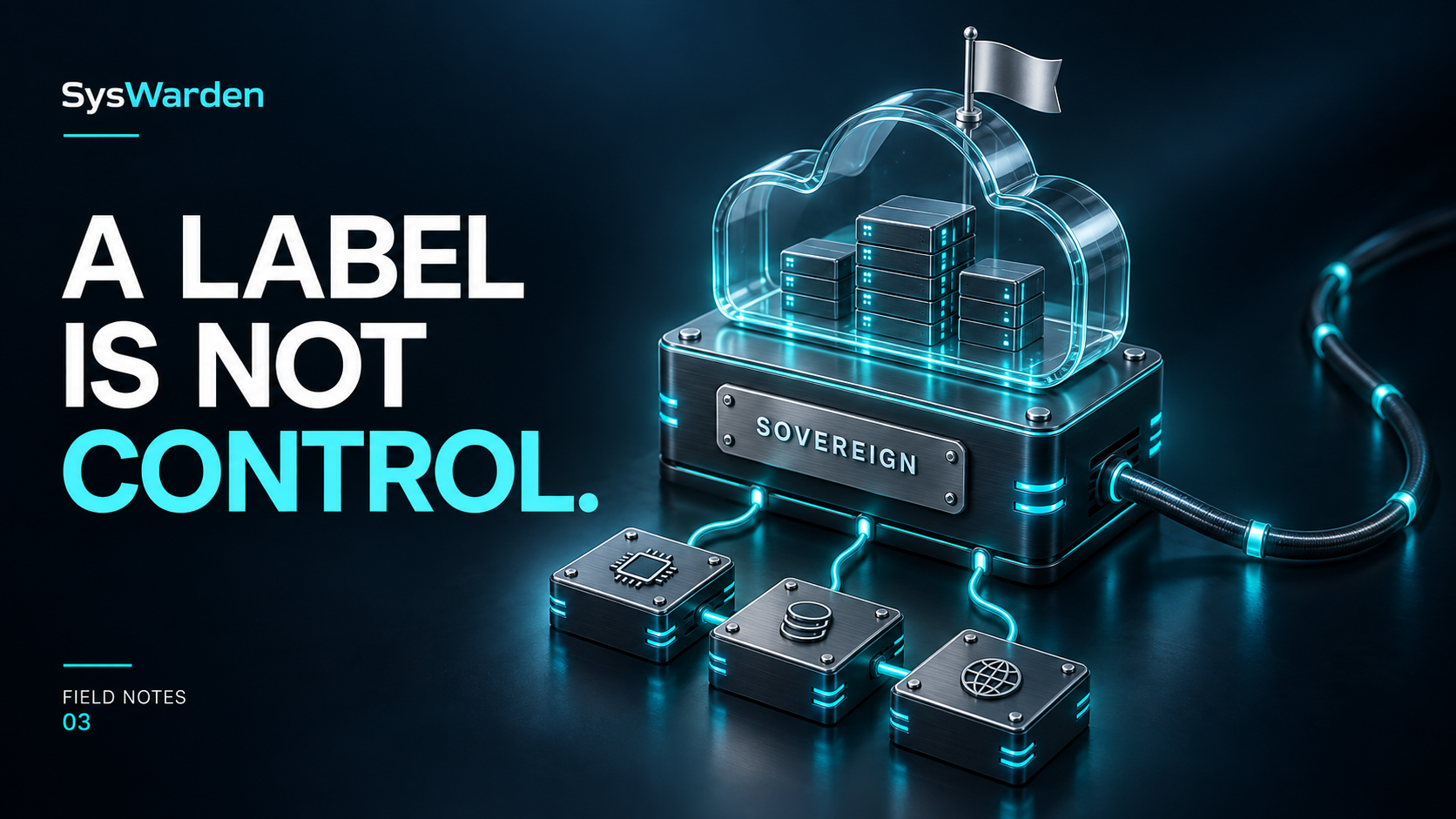 A label is not control: a glass cloud with a sovereign badge sits above visible infrastructure dependencies.