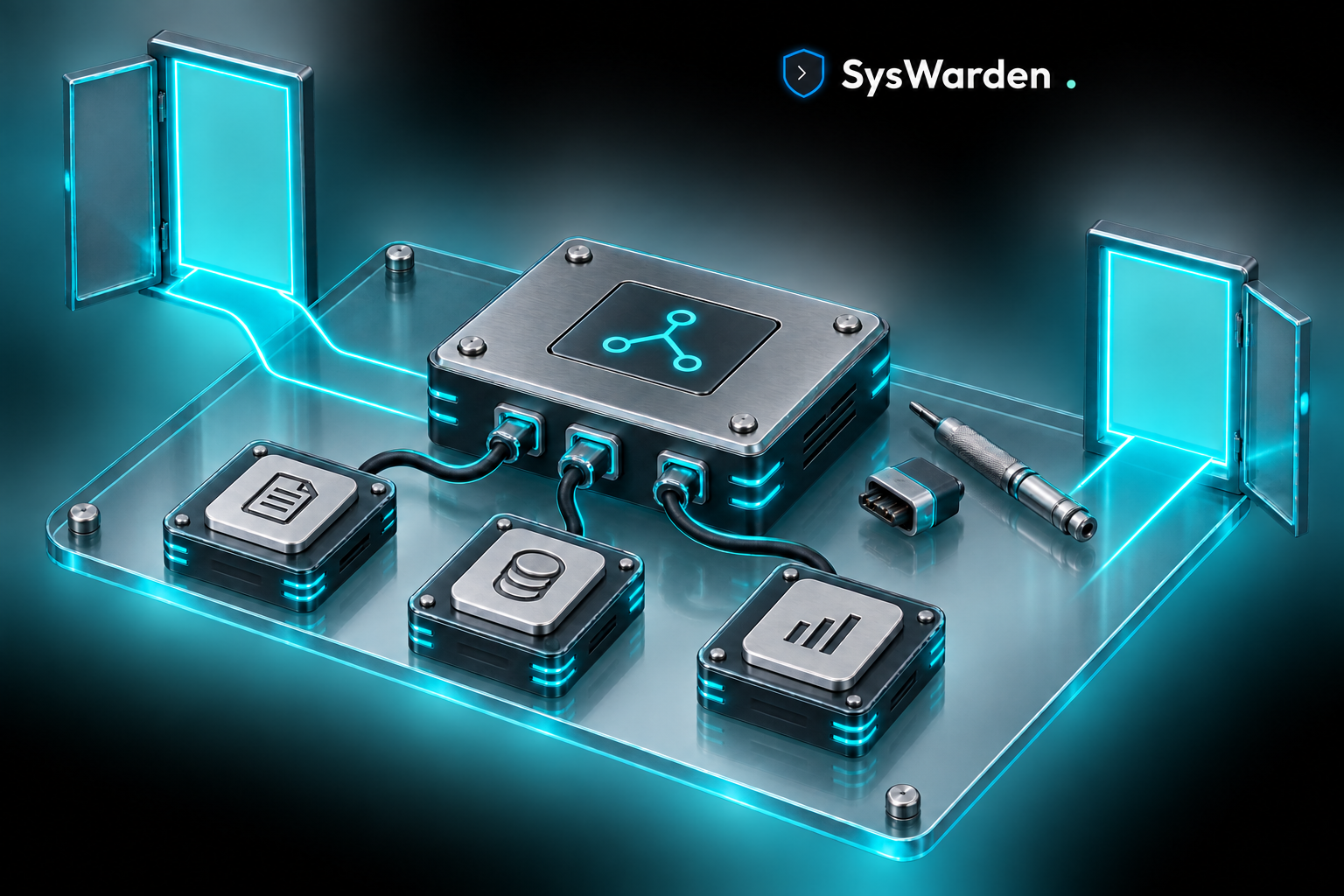 Conceptual modular infrastructure with removable components and two open exit paths, illustrating inspectability, portability and choice.