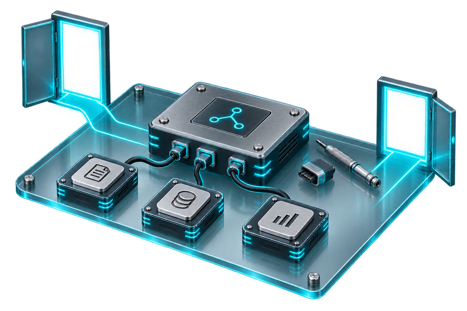 Conceptual modular infrastructure with removable components and two open exit paths, illustrating inspectability, portability and choice.