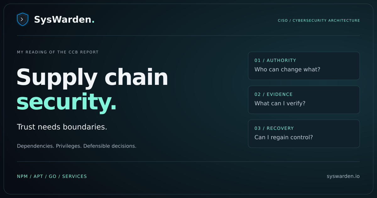 SysWarden supply chain security: authority, evidence and recovery, from a CISO and cybersecurity architect perspective.