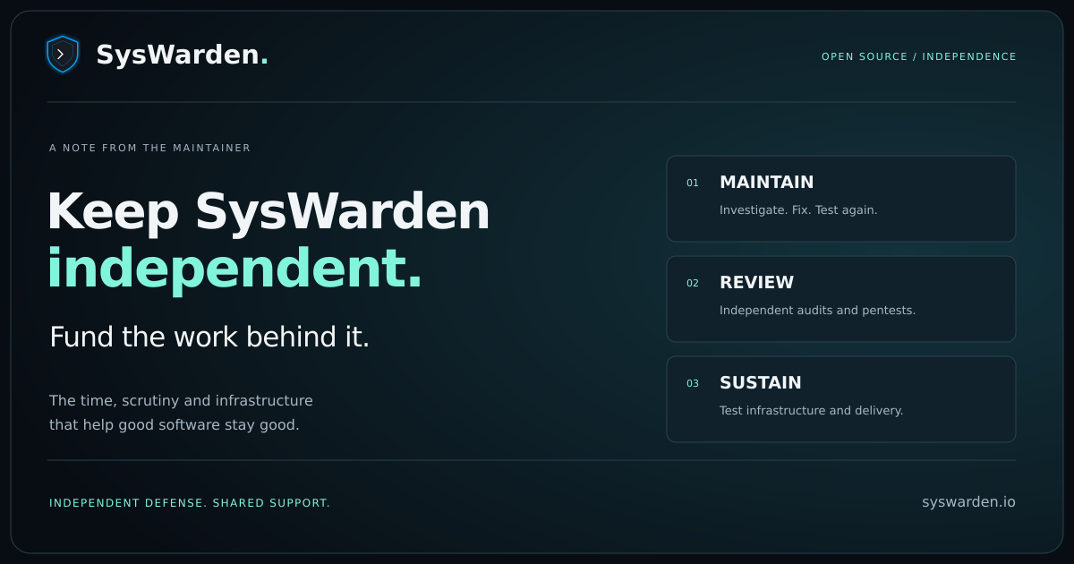 Keep SysWarden independent. Fund the work behind it. Maintenance, security reviews and test infrastructure, with the original SysWarden shield.