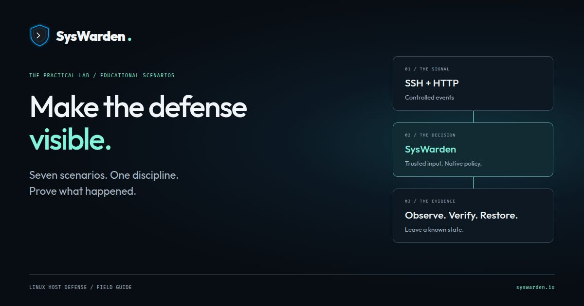 SysWarden educational defense labs: observe a signal, verify the decision and prove the outcome.