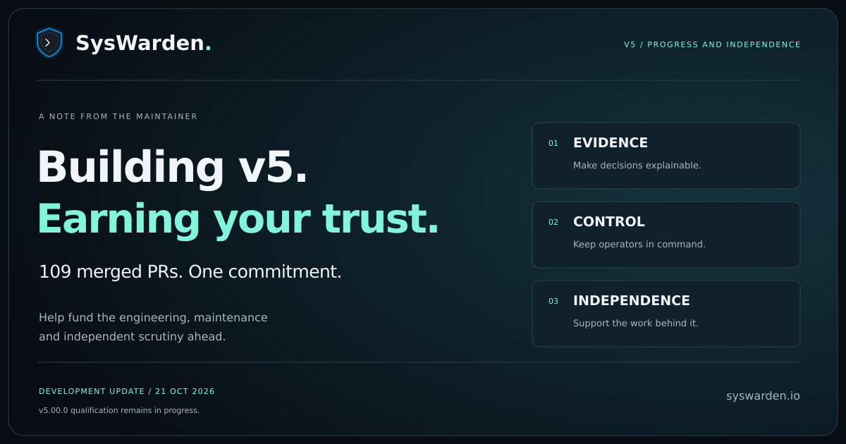 Building SysWarden v5. Earning your trust. Evidence, control and independence. Development update, October 21, 2026.