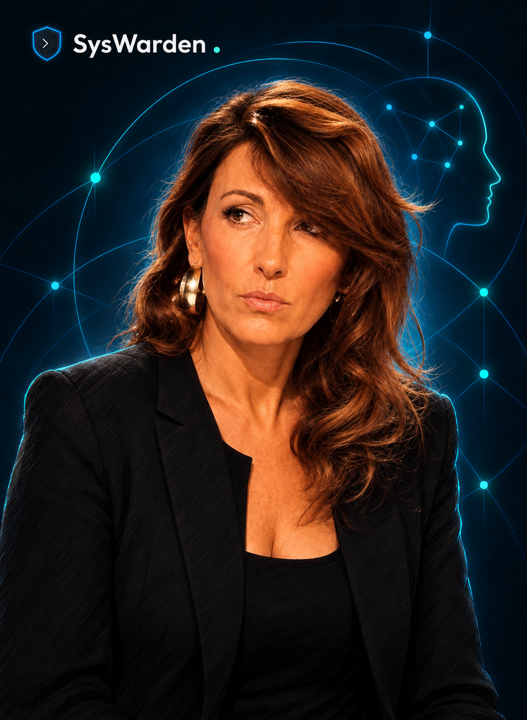 Drawn portrait of Sandra Aubert, with cyan network linework suggesting human awareness and resilience.
