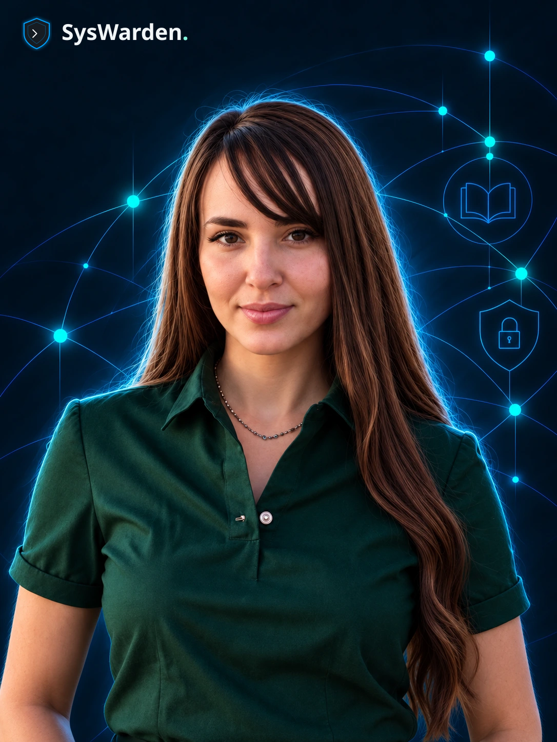 Illustrated portrait of Sara Abella in a dark green blouse, with fine cyan network, learning and security linework.